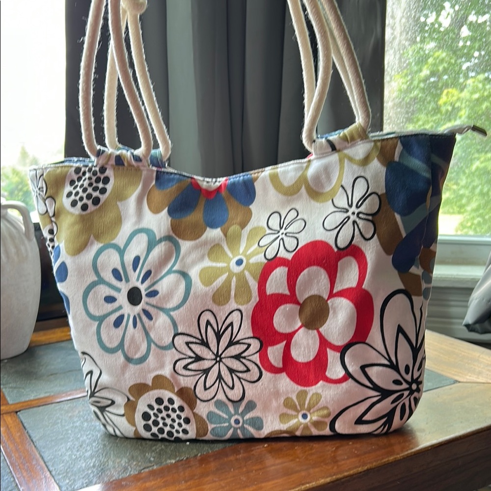 Red and Blue Floral Tote Bag with Striped Handles